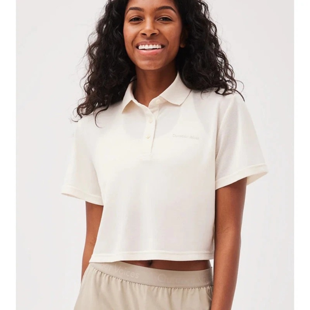 NWT‎ Outdoor Voices Birdie Cropped Polo Shirt Short Sleeve Milk Stone Womens XXS